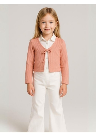 Kız Çocuk Mevsimlik Örme Bağlamalı Hırka-16070 Somon