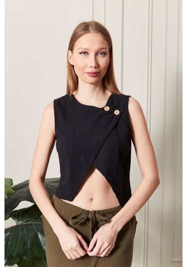 Şık Farklı Tarz Asi Keten Bluz - Modern Ve Cesur Tasarım Siyah