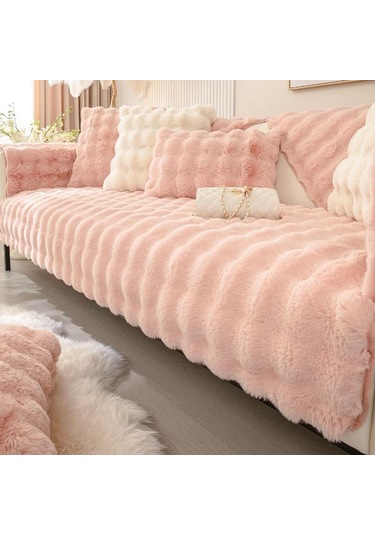 Yapay Tavşan Kürk Kanepe Örtüsü Kaymaz Ve Toz Geçirmez Kalın Yumuşak Kanepe Örtüsü Mobilya Koruyucu Pembe