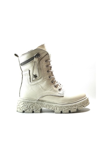 Onlo Ayakkabı R.301 Deri Ekru Kürklü Fermuarlı Kız Çocuk Bot Ekru