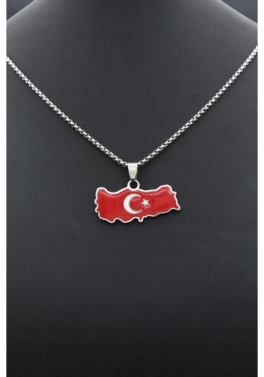 Türk Bayrağı - Ay Yıldızlı Mineli Kolye Paslanmaz Çelik Zincir 902296 Gümüş