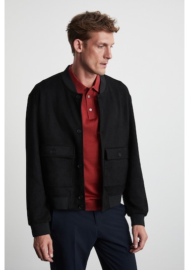 Preppy  Erkek Organik Pamuklu Çift Cepli Düğmeli Regular Fit Yuvarlak Yakalı Siyah Ceket