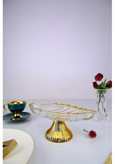Digithome Leaf Ayaklı Oval Cam Servis Sunumluk Kurabiyelik Gold Yaldızlı 20 Cm C320.045