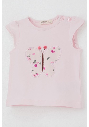 Breeze Kız Bebek Şortlu Takım Çiçek Baskılı Kelebek Nakışlı Düğme Aksesuarlı 6 Ay-2 Yaş, Pembe Pembe