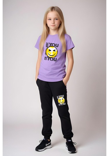 Be You Emoji Baskılı Kız Çocuk Tişört Ve Eşofman Alt-üst Takım Lila