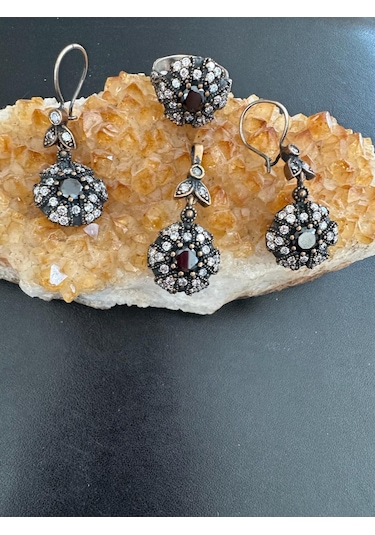 Aysesa Otantik Zirkon Oniks Taşlı Kadın Gümüş Set 2küpe+kolye+yüzük