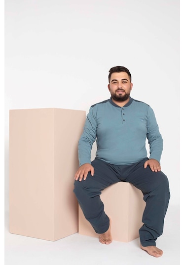 Erkek Büyük Beden 3 Düğme %100 Pamuk Cepli Mevsimlik Pijama Takım 001