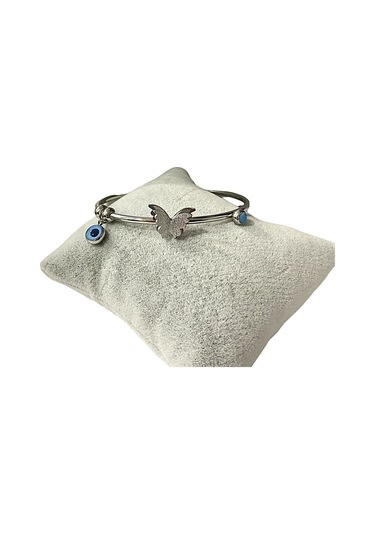 Kadın Çelik Kelebek Nazar Boncuğu Detaylı Gümüş Renkli Kararmaz Bilezik Bileklik Gümüş