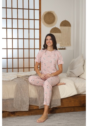 Kadın Yazlık Kısa Kol Penye Süprem Kumaş Pijama Takımı Pudra