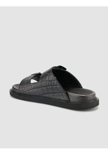%100 Hakiki Deri Croco Desen Siyah Erkek Terlik Siyah