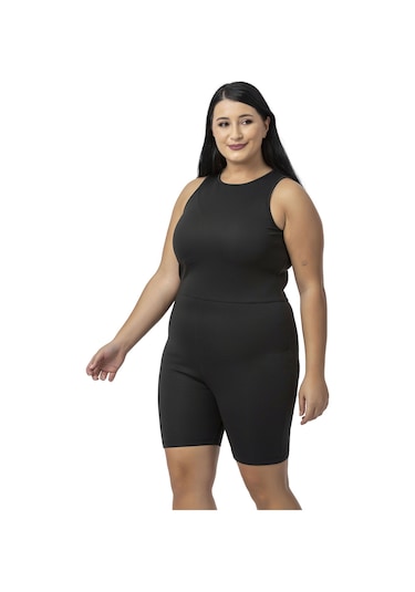 Büyük Beden Arkadan Fermuarlı Siyah Kısa Taytlı Tulum-siyah Siyah