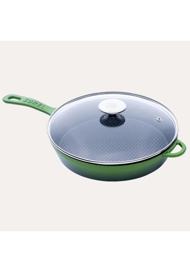 Sürel Döküm 28 Cm Yuvarlak Cam Kapaklı Tava Koyu Yeşil