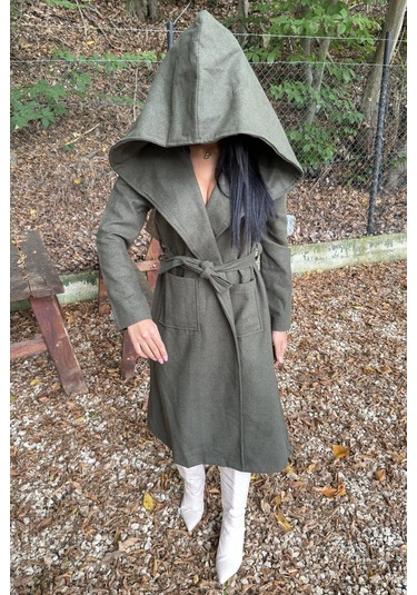 Haki Kruvaze Yaka, Kapüşonlu, Çift Cepli, Beli Kemerli, Uzun Kaşe Kaban Astarsız Haki