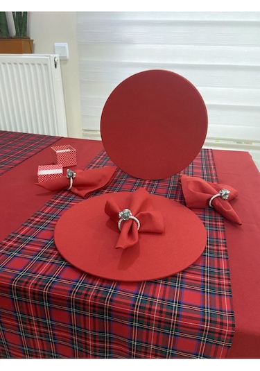 Sıvı Geçirmez Dertisiz Masa Örtüsü, Supla, Peçete, Runner , Kırmızı 14 Parça