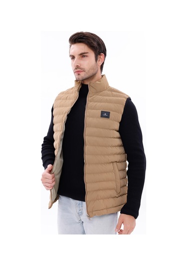 Erkek Nova Kumaş Şişme Yelek Hafif Dolgulu Fermuarlı Cepli Su İtici Rahat Kalıp Bej