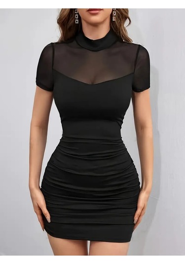 Kadın Kısa Kollu Yarı Balıkçı Yaka Tül Detaylı Kısa Janjan Krep Elbise Siyah