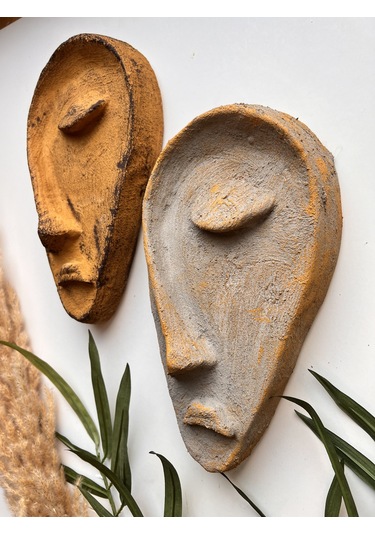 Özel Tasarım El Yapımı Taş Heykel Soyut Yarım Yüz Maske 2'li Set, Duvar Dekor, Modern Ev Ve Ofis Dek