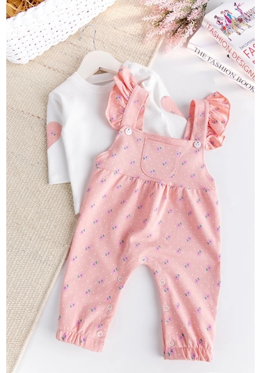 Çiçekli Fırfırlı 100% Pamuk 2'li Kız Bebek Salopet Tulum Set Somon
