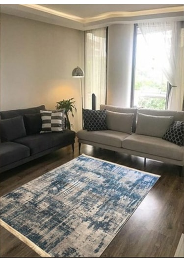 Mavi Kaymaz Tabanlı Yıkanabilir Halı Kilim Yolluk Dijital Bas... Mavi