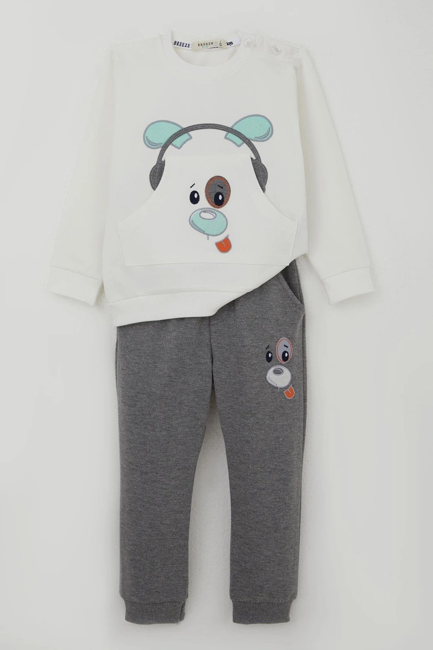 Breeze Erkek Bebek Eşofman Takımı Kulaklıklı Köpekçik Nakışlı 9 Ay-3 Yaş, Beyaz Beyaz