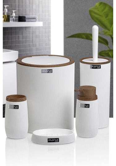 Okyanus Home Beyaz Ahşap Çizgili Yuvarlak 5'Li Banyo Seti