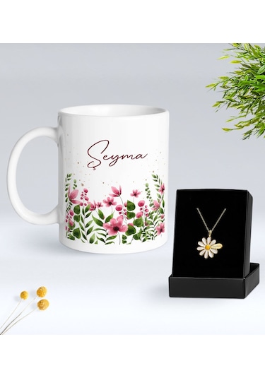 Bk Gift Kişiye Özel İsimli Çiçek Tasarımlı Beyaz Kupa Ve Papatya Kolye Hediye Seti - 5, Sevgiliye Hediye, Anneye Hediye, Arkadaşa Hediye Kobitmeyencom