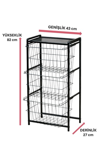 Dekoratif Siyah Metal Sebzelik 3 Raflı Tel Sepetli Çok Amaçlı Stand Siyah