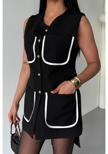 Modasize Büyük Cep Biye Detaylıyelek - Siyah Siyah