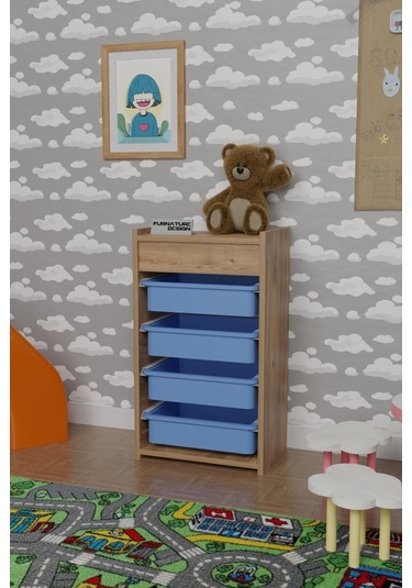 4 Sepetli Çok Amaçlı Dolap Atlantik Çam - Mavi Kahverengi