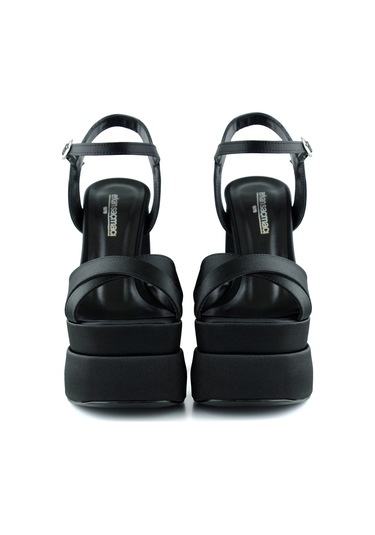 Erkan Saçmacı Whitney Siyah Saten Önü Arkası Açık Çift Platformlu Bantlı Kalın Topuklu Abiye Ayakkabı Siyah