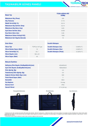 Tommatech 200wp Taşınabilir Güneş Paneli