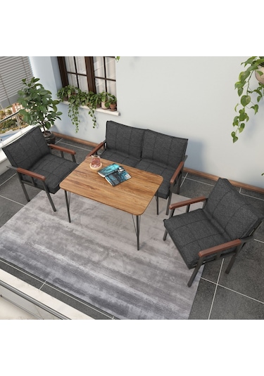 Mygusi Modern Balkon, Bahçe, Cafe - Metal Kanepe Koltuk Takımı - 2+1+1 Masa Antrasit