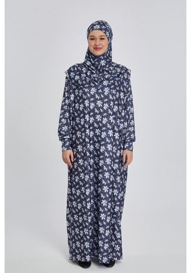 Pratik Tek Parça Manolya Desenli Namaz Elbisesi Lacivert