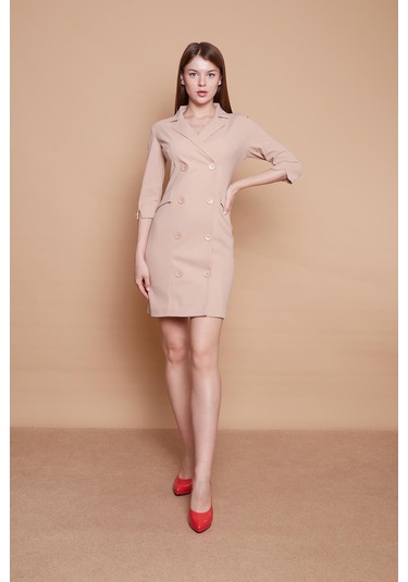 Yakalı Sırt Dekolteli Anvelop Likralı Kumaş Düğmeli Ceket Elbise -bej Bej