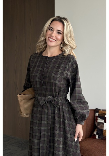 Haki Ekoseli Kuşaklı Uzun Elbise - 1235 Haki