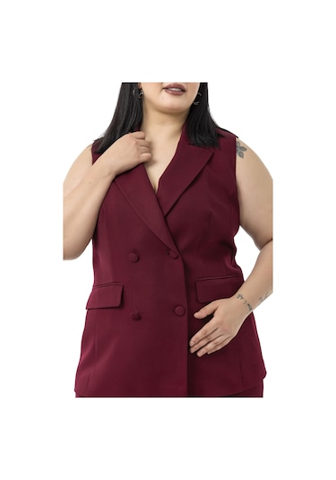 Büyük Beden Kaplama Düğmeli Yelek Pantolon Bordo İkili Takım Bordo