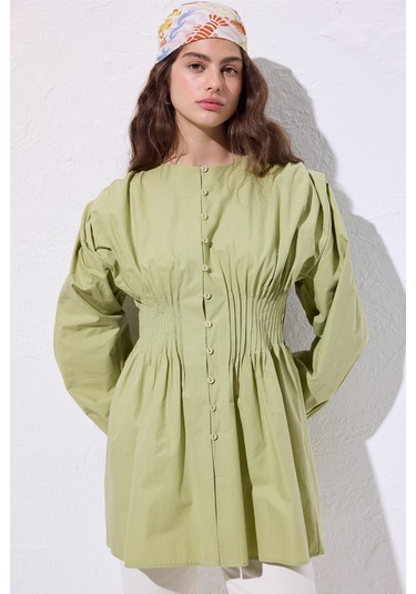 Beli Pile Detaylı Uzun Kol Bluz Yeşil Yeşil