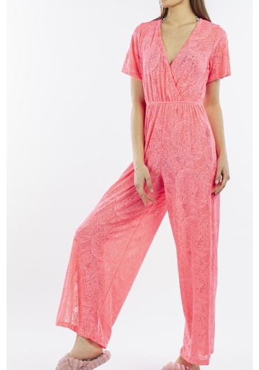 Nicoletta Pembe Kadın Pareo Tulum Plaj Elbisesi Neon Dantelli Pembe