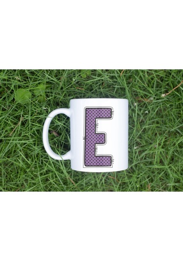 E Harfi Mor Puantiyeli Kupa Bardak - Polka Dot Tasarım Kahve Çay Bardak - Kişiye Özel Hediyelik Beyaz