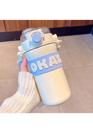 Velvettides Kişilik Alfabe Termos Bardak Taşınabilir Pipet Su Bardak Erkekler Ve Kızlar Su Bardak Öğrenci Spor Su Şişesi Beyaz