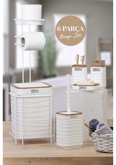 Okyanus Home Beyaz Ahşap Desenli Luna Kare Yedekli Wc Kağıtlık Ve 6 Parça Banyo Seti