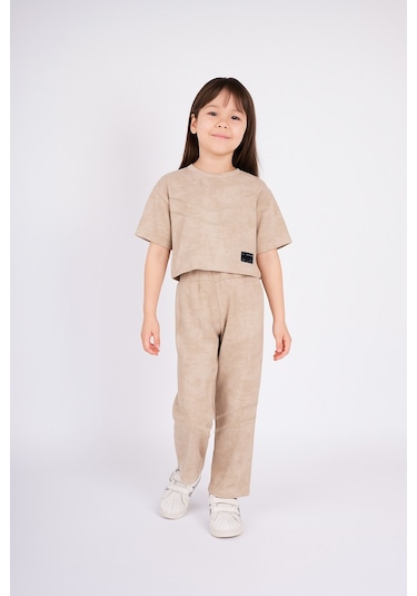 Kız Çocuk Oversıze Taytlı Kısa Kol Pamuk Takım Ekru