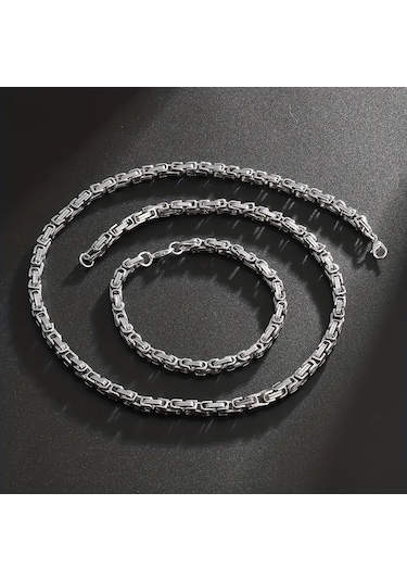 Silver Renk Tamamı Saf Çelik Kral Erkek Kolye Bileklik Set 4mm Gümüş