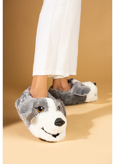 Pembe Potin Köpek Figürlü Sessiz Taban Peluş Kadın Panduf K120-25z 001