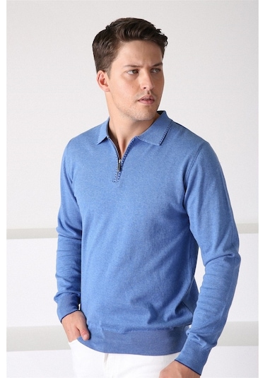 Ferraro A.Havacı Polo Yaka Fermuarlı Erkek Pamuk Kazak Mavi