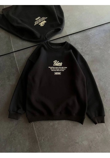Mbb E-ticaret Kadın 3 İplik Pamuklu Bisiklet Yaka Baskılı Sweatshirt - Siyah