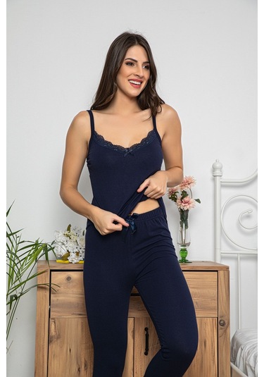 Kadın Lacivert Renkli Dantel Detaylı Şortlu Ve Taytlı Pijama Takımı 3'lü Set 75019 Lacivert