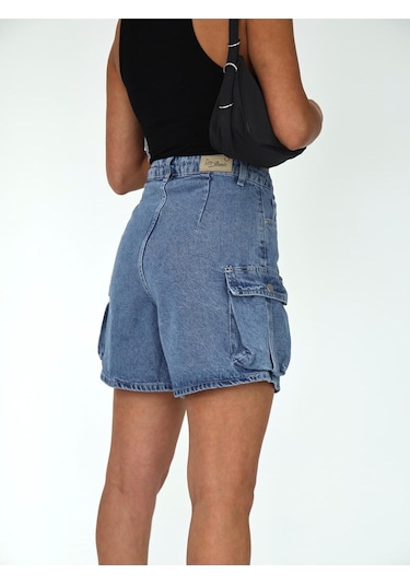 Kargo Cep ve Pens Detaylı Denim Şort Mavi
