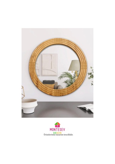 Safir Ahşap Dekoratif Ayna Yuvarlak Ayna Işlemeli Ahşap Duvar Aynası - 56 Cm Ceviz
