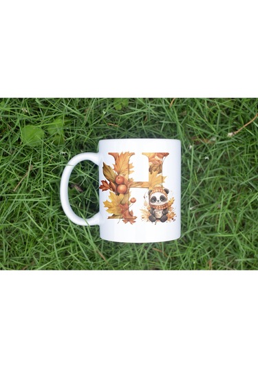 H Harf Sonbahar Yaprak Temalı Kupa Bardak - Sevimli Figürler İle Alfabe Harfli Bardak - Kişiye Özel Beyaz
